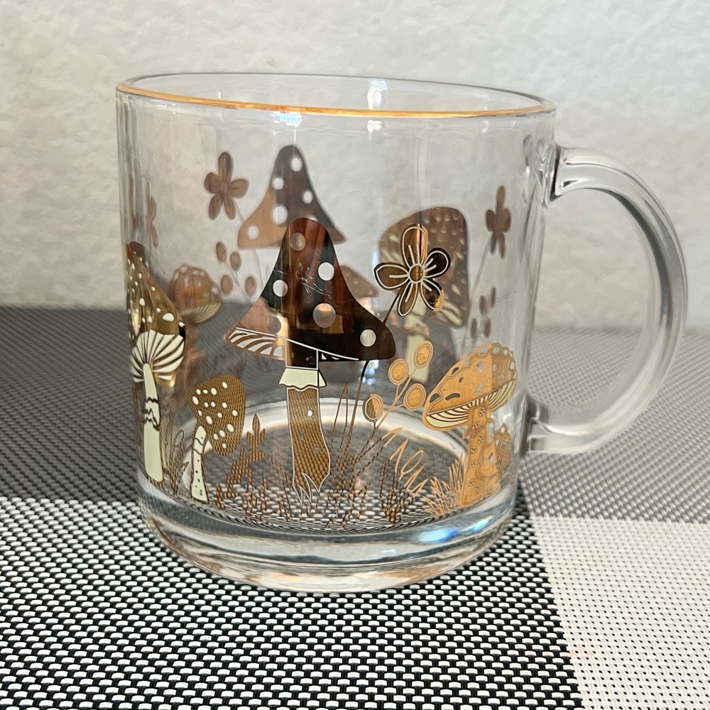 Gold Mushroom Illustration Glass Coffee Mug - Clear